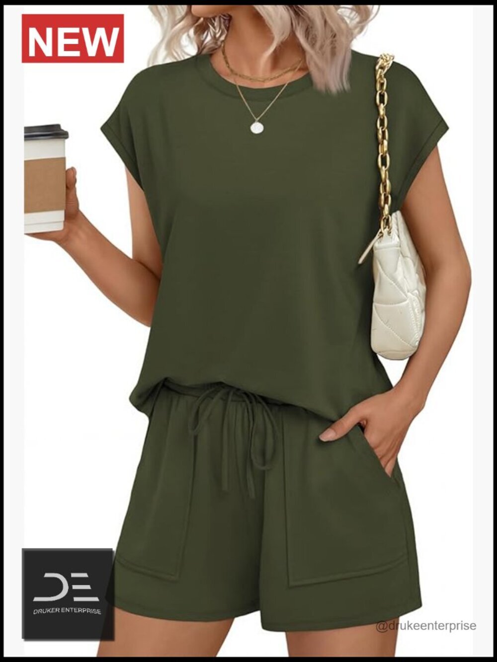Two Piece Lounge Short Set Cap Sleeve Drawstring Vacation Outfit with Pockets